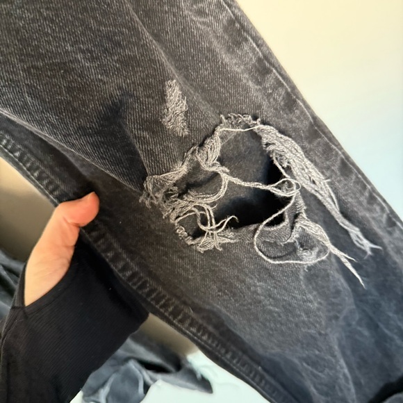 Zara Black Distressed Ripped Knee High Waisted Wide Leg Jeans Cuffed Denim - Picture 9 of 16